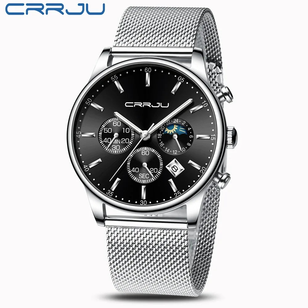 Montre à quartz de luxe CRRJU pour hommes à cadran bleu, de sport chronographe horloge ceinture en maille