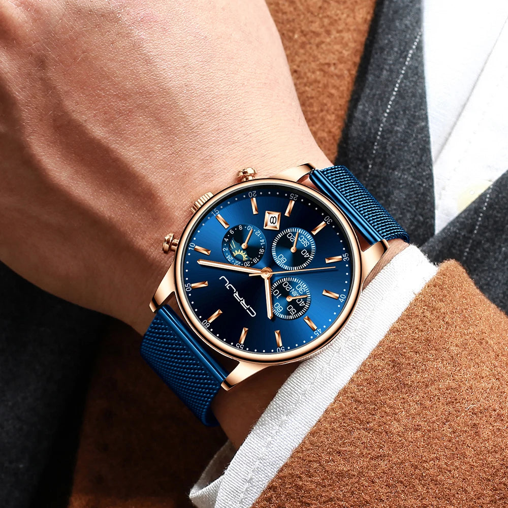 Montre à quartz de luxe CRRJU pour hommes à cadran bleu, de sport chronographe horloge ceinture en maille