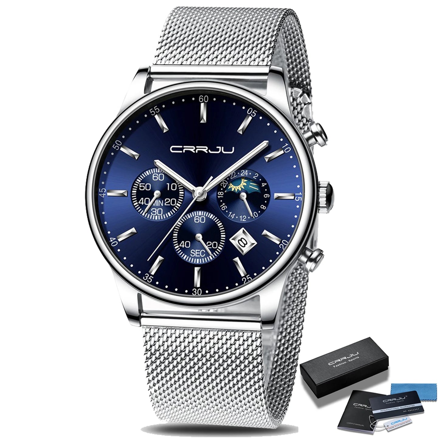 Montre à quartz de luxe CRRJU pour hommes à cadran bleu, de sport chronographe horloge ceinture en maille