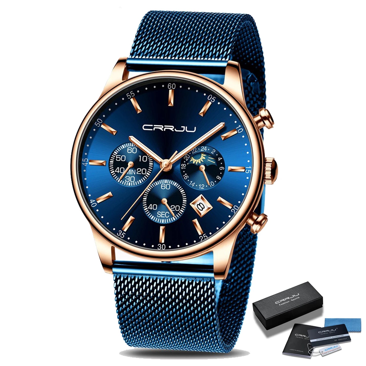 Montre à quartz de luxe CRRJU pour hommes à cadran bleu, de sport chronographe horloge ceinture en maille