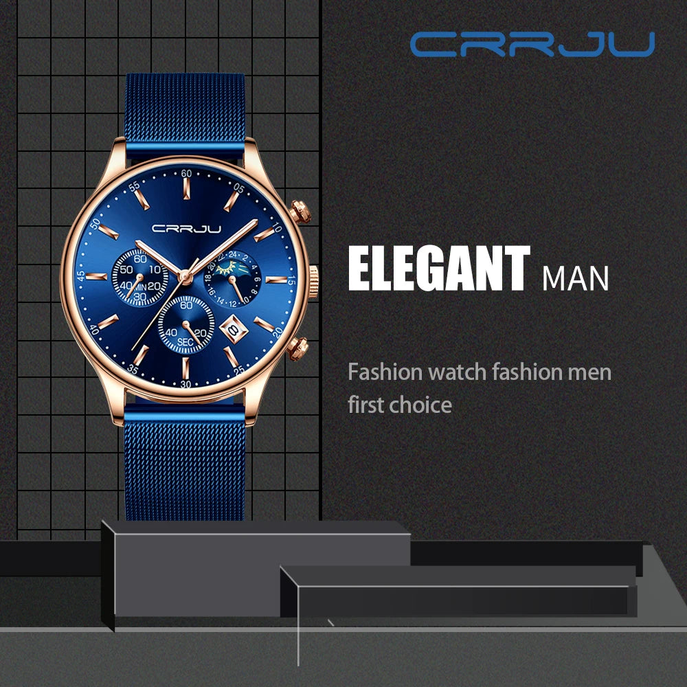 Montre à quartz de luxe CRRJU pour hommes à cadran bleu, de sport chronographe horloge ceinture en maille