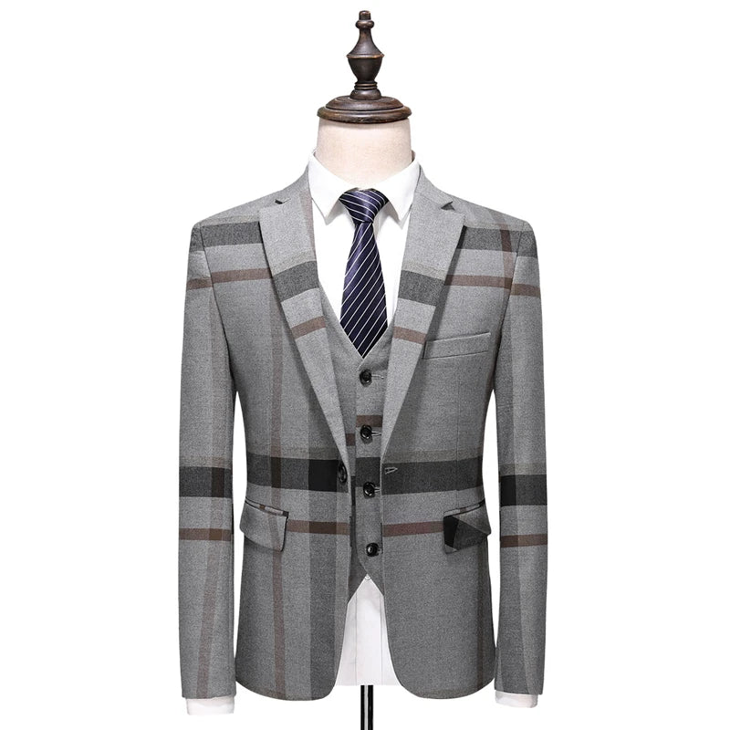 Costume 3 pièces pour homme, veste, pantalon, gilet, blazer, costume formel classique, coupe slim, bleu et gris, 2023