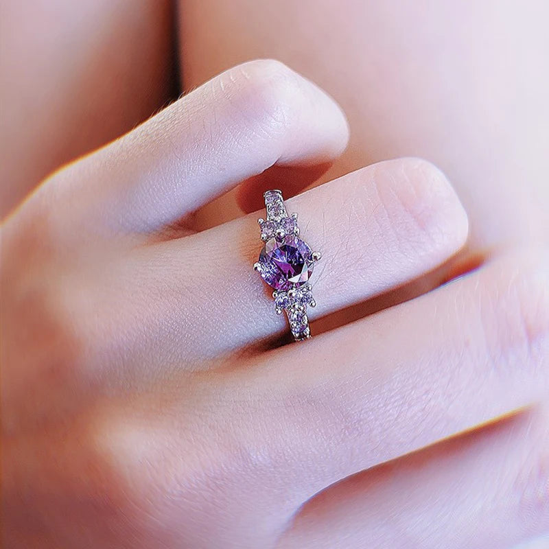 Bague de fiançailles en cristal violet pour femme, nouvelle mode en argent massif