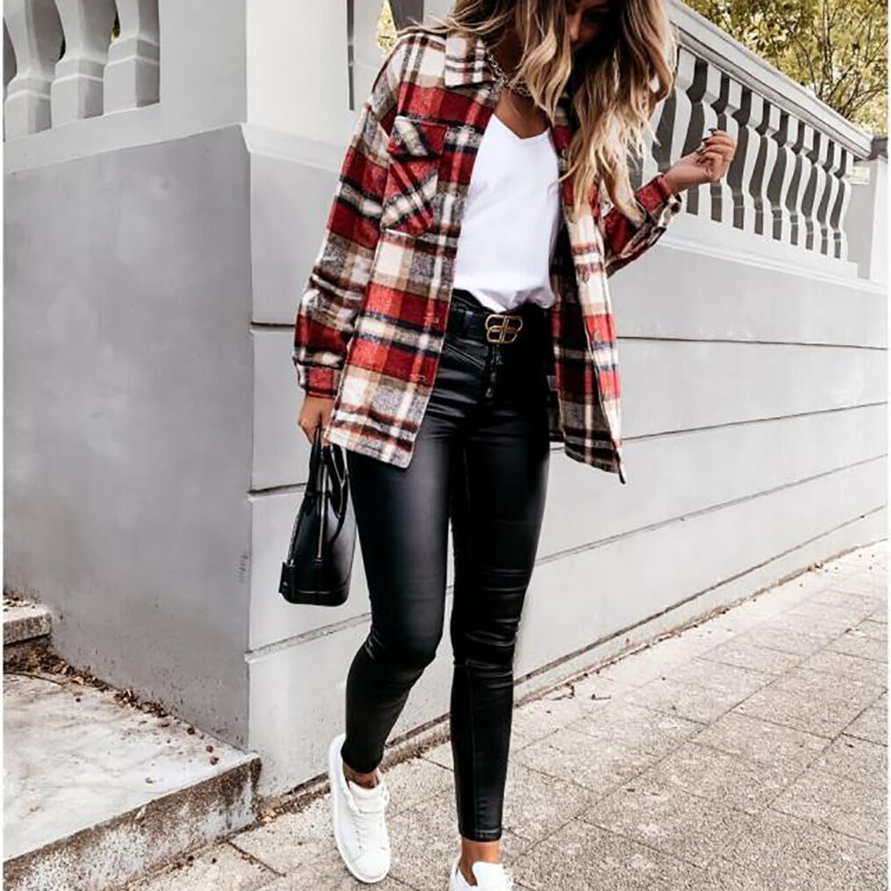 Vêtements pour femmes mode à manches longues à simple boutonnage veste chemise à carreaux décontractée