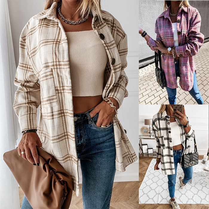 Vêtements femme tendance d’hiver personnalisés  ample à manches longues manteau en laine à carreaux