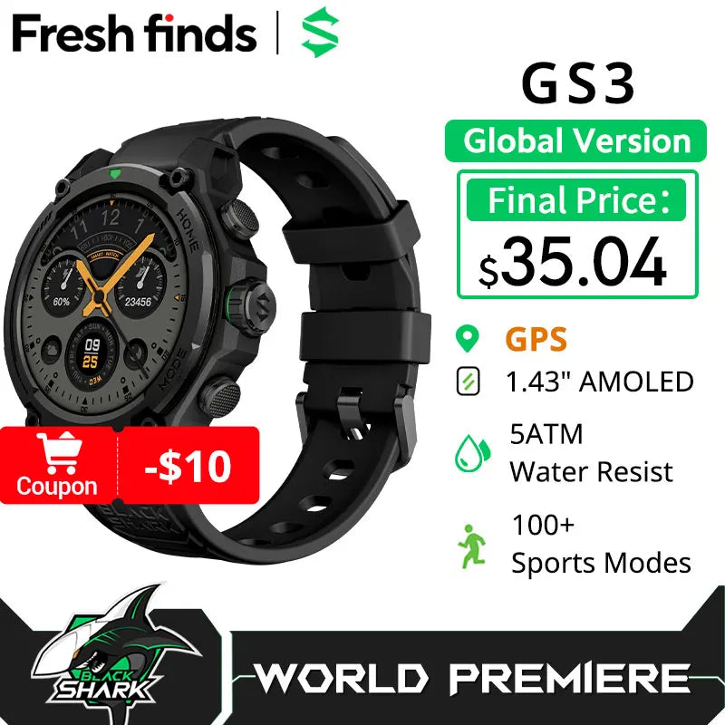 Montre intelligente Blackshark GS3 Version mondiale Écran AMOLED 1,43" Positionnement par satellite GPS Autonomie de la batterie de 21 jours 5ATM