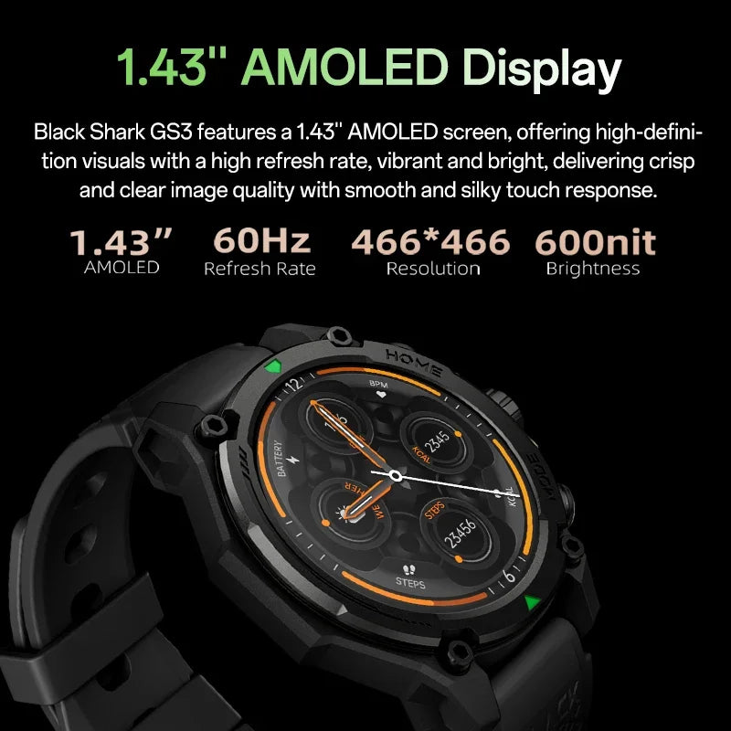 Montre intelligente Blackshark GS3 Version mondiale Écran AMOLED 1,43" Positionnement par satellite GPS Autonomie de la batterie de 21 jours 5ATM