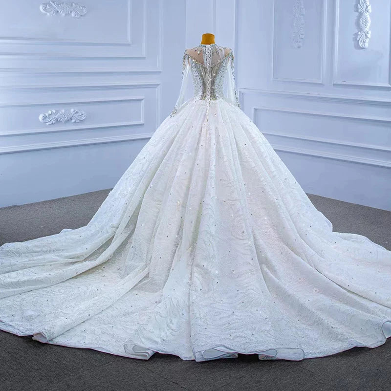 Robe de mariée en perles lourdes RSM67333, manches longues, col haut, luxueuse et élégante