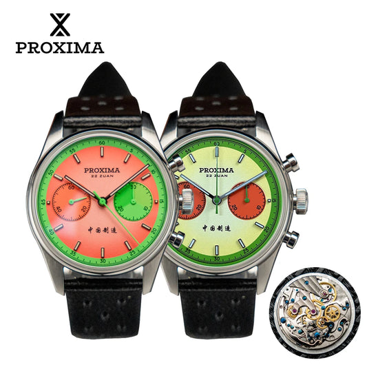 Montre Proxima New PX1717 pour homme à cadran pastèque ST1902, chronographe étanche, mécanique, saphir bombé