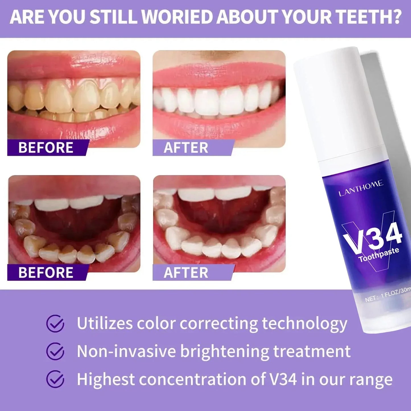 Dentifrice V34pour le blanchiment des dents dans la catégorie des soins buccaux et rafraichissant l'haleine