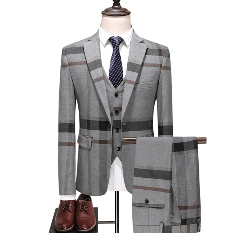 Costume 3 pièces pour homme, veste, pantalon, gilet, blazer, costume formel classique, coupe slim, bleu et gris, 2023