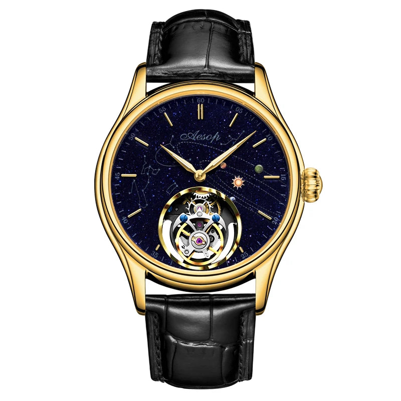 Montre-bracelet AESOP tourbillon volant pour homme avec cadran saphir et étoile Milky Way, en acier de luxe, mécanique de 1963