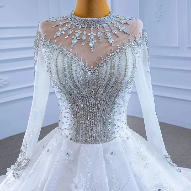 Robe de mariée en perles lourdes RSM67333, manches longues, col haut, luxueuse et élégante