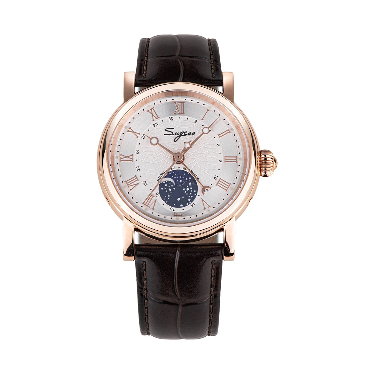 Montres mécanique automatique Sugess pour hommes; Phase de lune Tianjin ST2108 étanche aiguilles de date Cristal saphir cadran Rome Wave