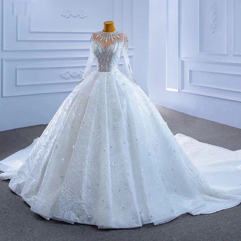 Robe de mariée en perles lourdes RSM67333, manches longues, col haut, luxueuse et élégante