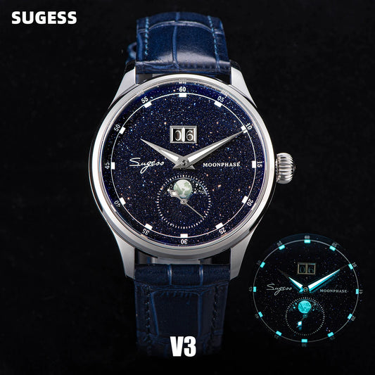 Montre-bracelet de luxe Sugess Moonphase en acier inoxydable 316L avec mouvement Tianjin ST2528 et cadran en pierres précieuses pour homme