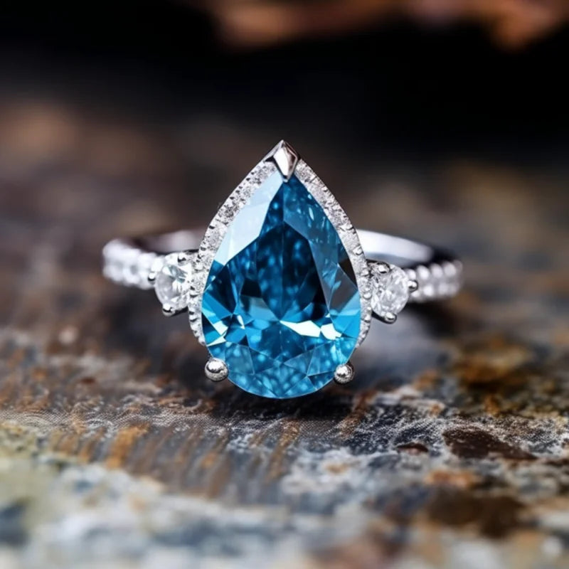 Bague de fiançailles de luxe SGARIT en or blanc 14 carats avec diamant Moissanite bleu taille poire 3 carats pour femme