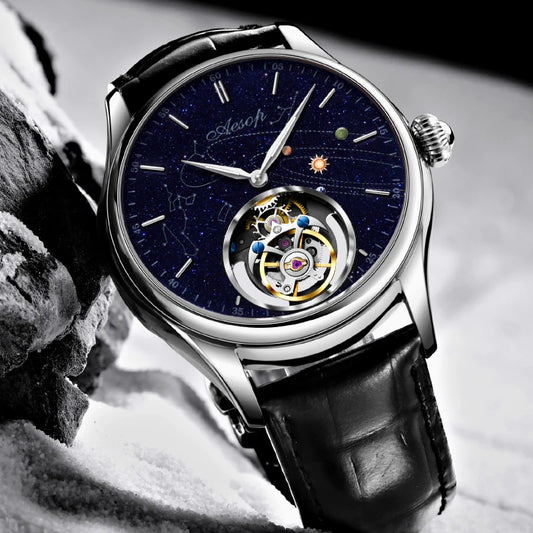 Montre-bracelet AESOP tourbillon volant pour homme avec cadran saphir et étoile Milky Way, en acier de luxe, mécanique de 1963