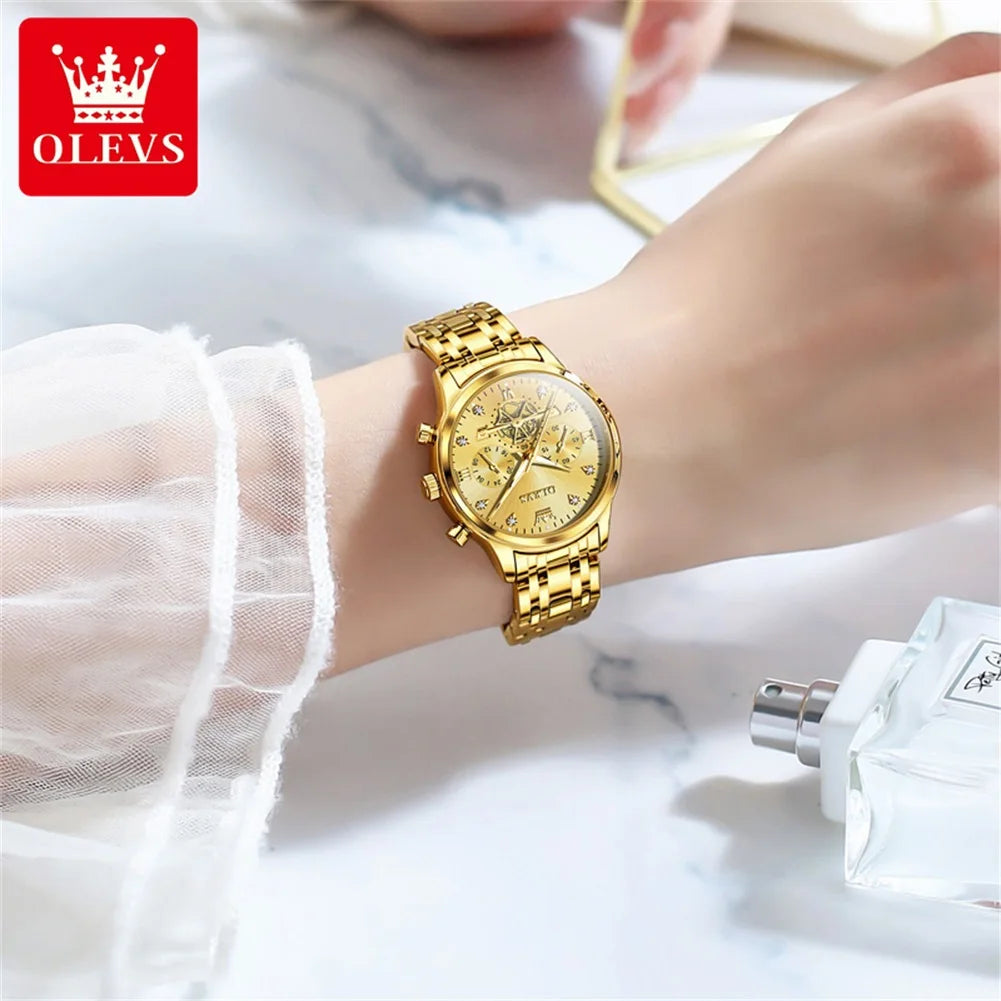 Montre à quartz OLEVS pour femme avec volant d'inertie et squelette, en acier inoxydable, chronographe, étanche, lumineuse, bracelet pour femme