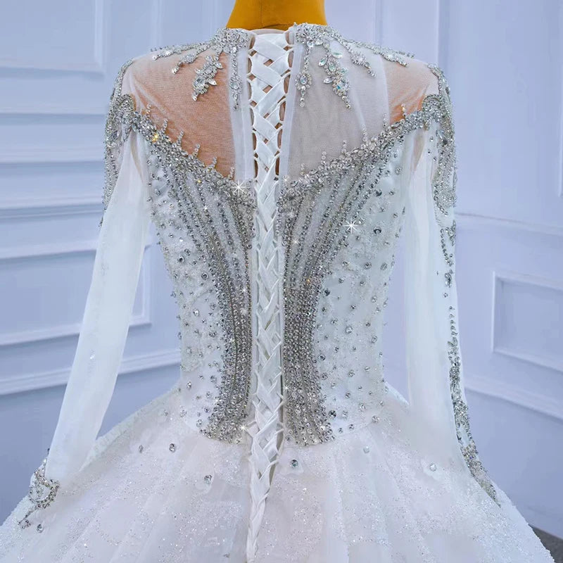 Robe de mariée en perles lourdes RSM67333, manches longues, col haut, luxueuse et élégante