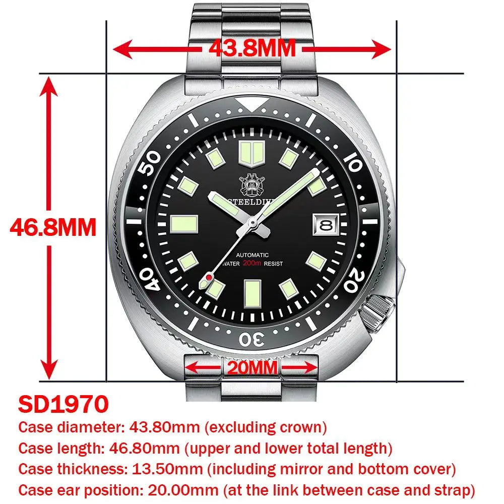 Montre de plongée automatique Steeldive SD1970 avec fond de date blanc 200 m étanche NH35 6105 Turtle