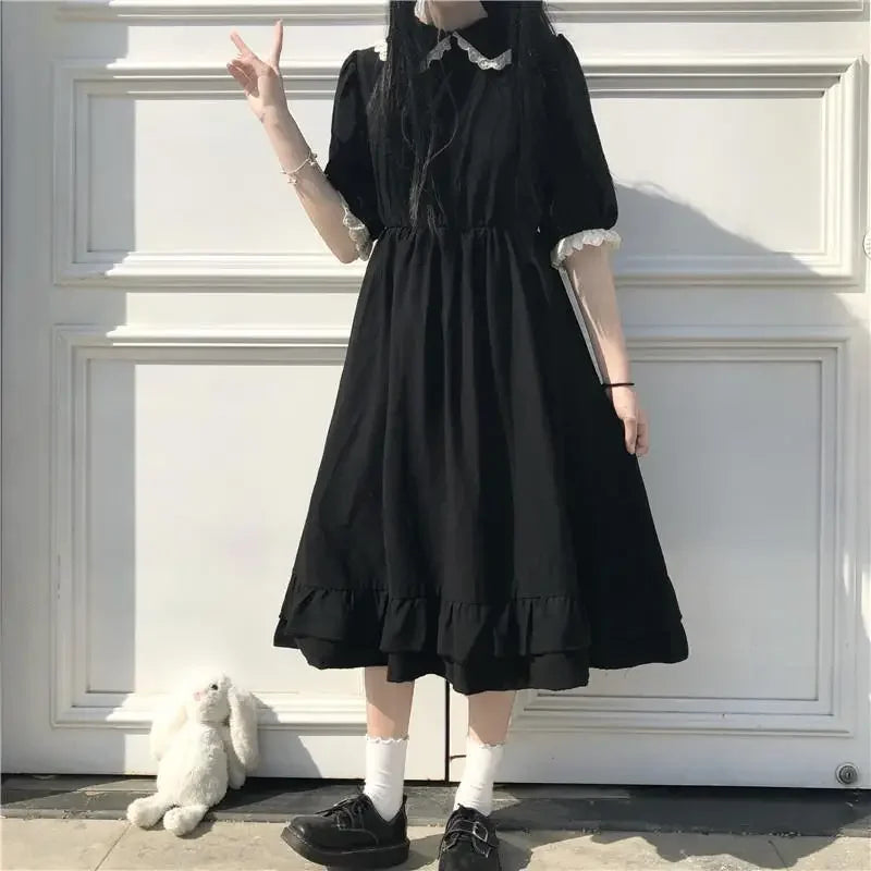 Robes  noires mini avec manches Puff Black Dresses Puff Sleeve Women Lolita Girlish Designer