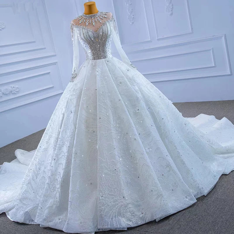 Robe de mariée en perles lourdes RSM67333, manches longues, col haut, luxueuse et élégante