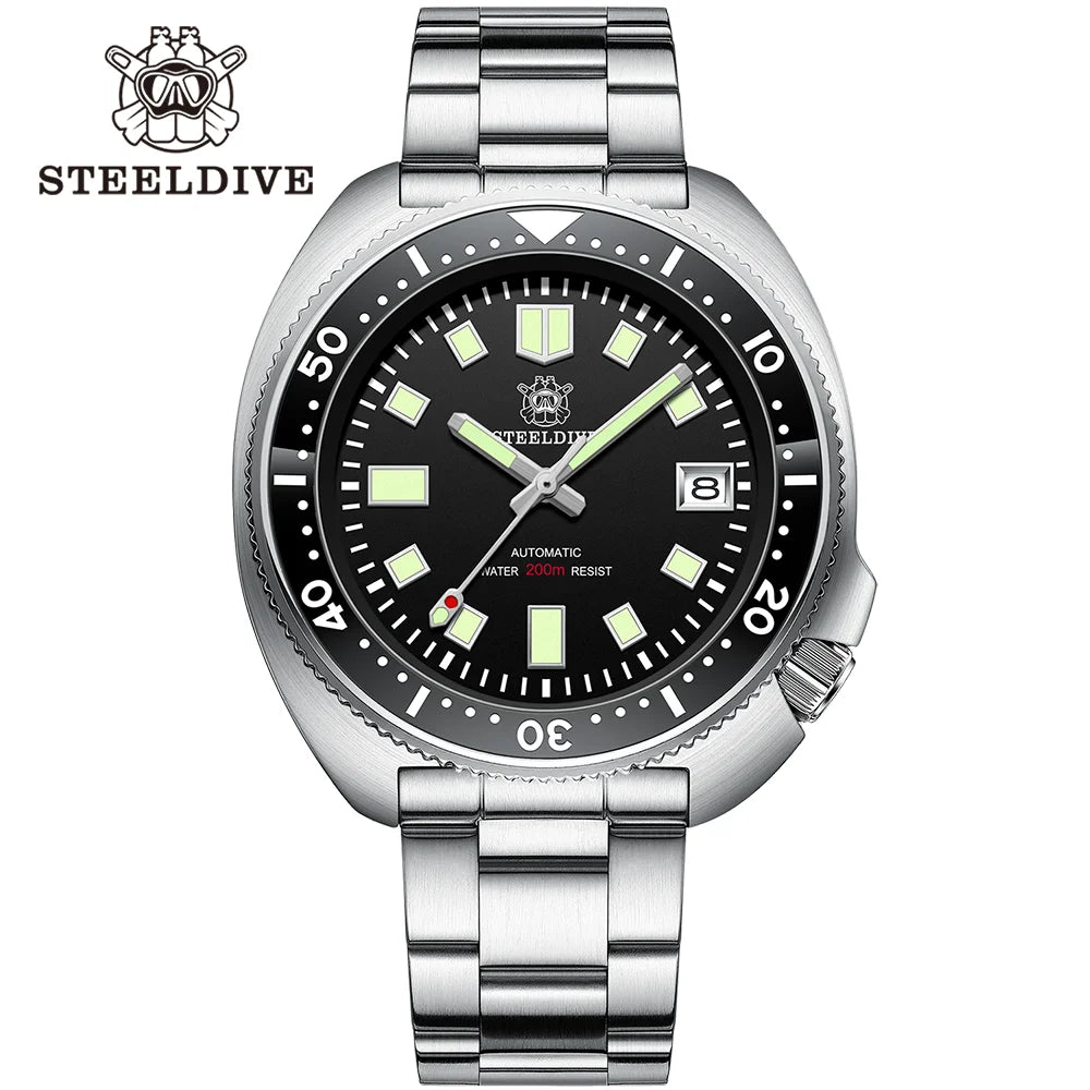 Montre de plongée automatique Steeldive SD1970 avec fond de date blanc 200 m étanche NH35 6105 Turtle