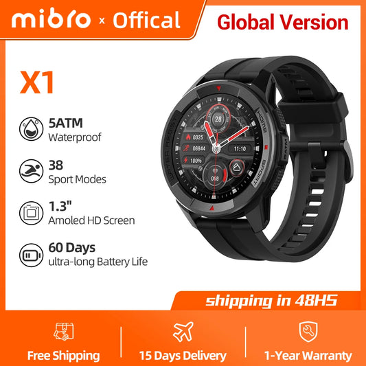 Montre connectée Mibro Watch X1 version mondiale avec batterie 350 mAh, écran AMOLED 1,3 pouces, mesure SpO2, Bluetooth, pour iOS et Android