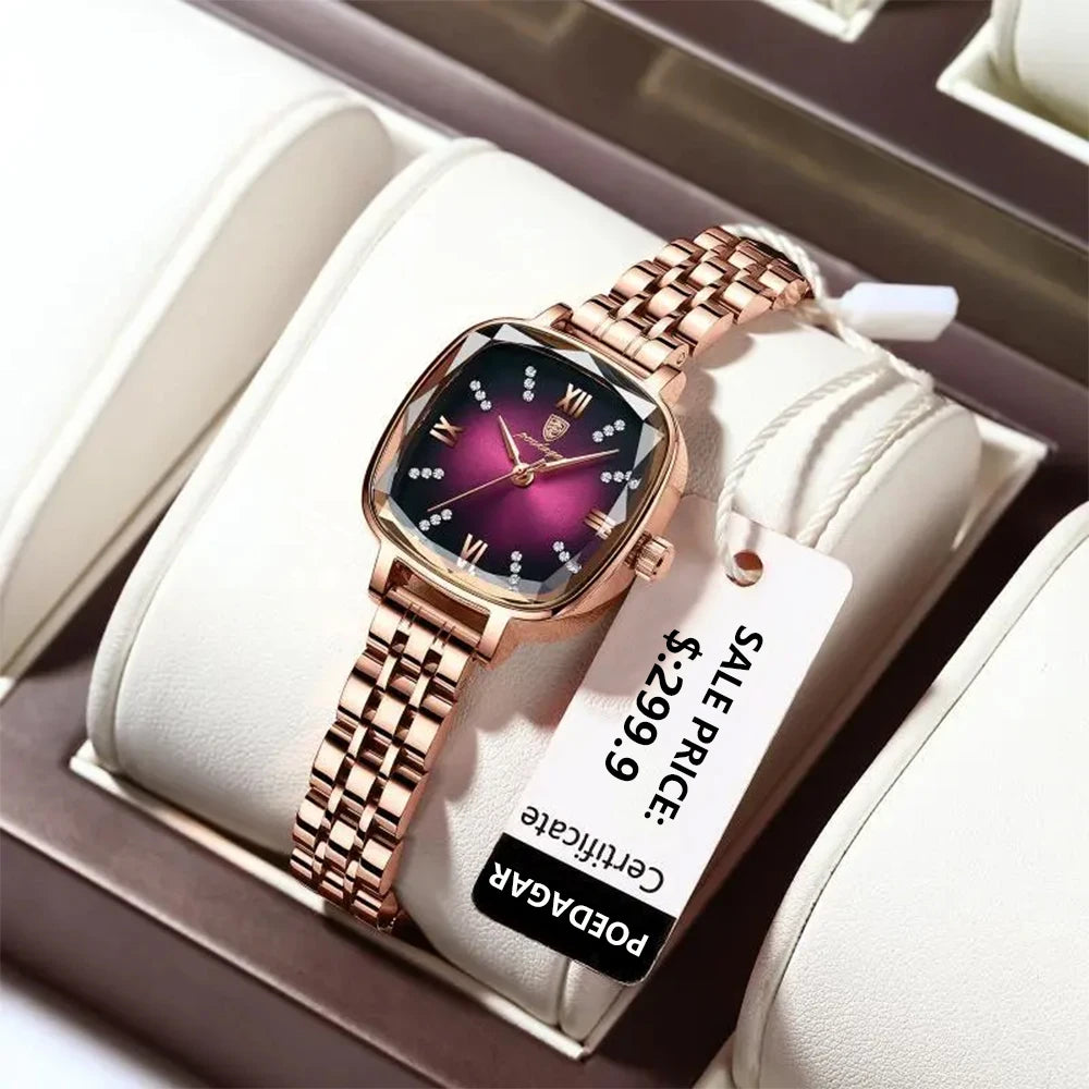 Montre de luxe de haute qualité POEDEGAR pour femme en acier inoxydable, à quartz carrée et étanche et élégante